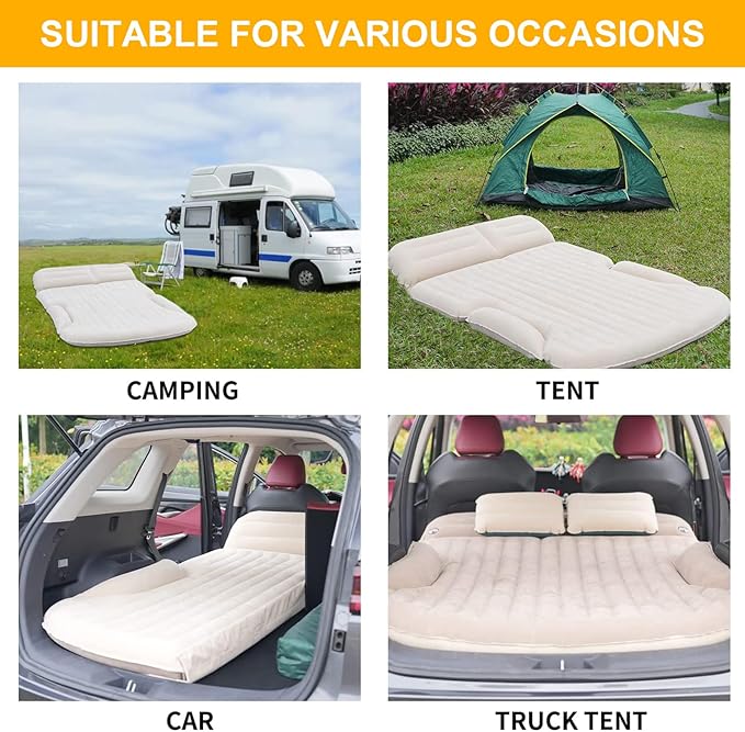 KMZ SUV Air Mattress Thickened and Double-Sided Flocking Travel Camping Bed with 2 Pillows &amp Electric Pump Dedicated Mobile Cushion Inflatable Bed for SUV Trunk and Rear Seat (Beige and Coffee)