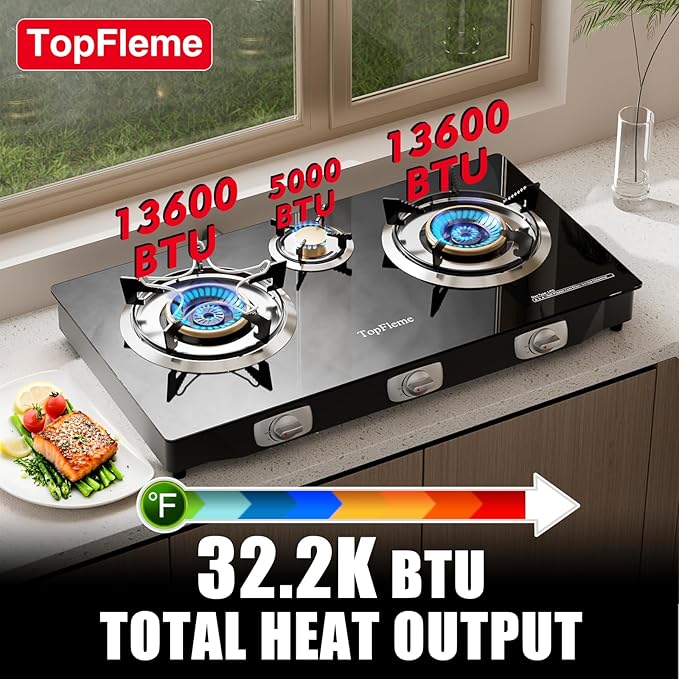 3 Burner Propane Stove 32300 BTU High-Efficiency Tempered Glass Auto-Ignition Gas Burner Stove Top with CSA Hose for Outdoor RV Camping Emergency Cooking