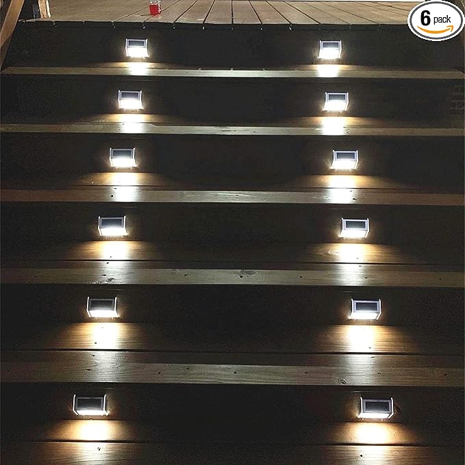Solar Lights Outdoor Waterproof Deck Light Solar Stair Lights Outside LED Step Lighting Stainless Steel for Paths Patio Garden Yard Pack of 6