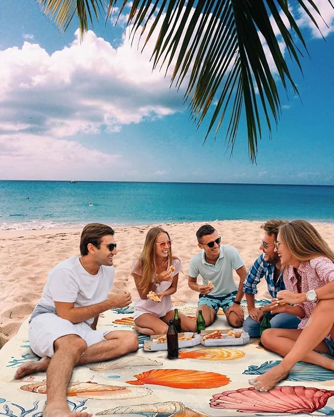 Summer Beach Beach Blanket Waterproof Sandproof Orange White Blue Seashell Vintage Coastal Beach Mat Quick Drying Outdoor Picnic Mat 83 x 79 for 1-4 Adults Essentials for Travel Camping Hiking