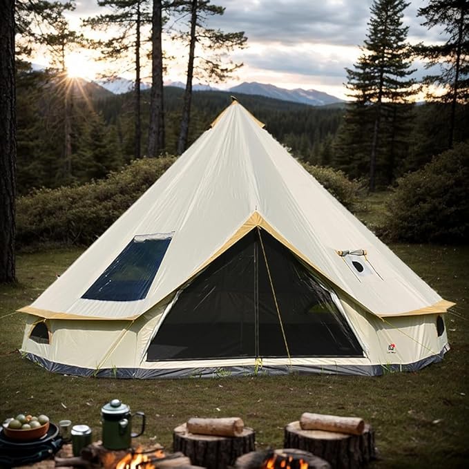 Backpacking Bell Tent with Top Stove Jack for All Year Camping 300D Oxford Waterproof Yurt Tents for GlampingPartiesOutdoor Events(Off White13ft/16.4ft)