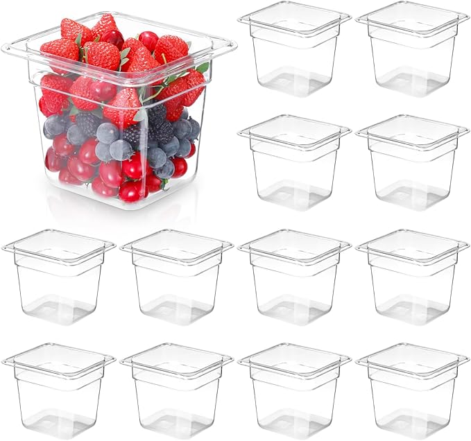 12-Pack 6'' Deep NSF Food Pans 1/6 Size | Commercial Food Storage Containers | Polycarbonate Plastic Pans for Restaurant | Commercial Grade for Food Prep | Clear | Dishwasher &amp Freezer Safe