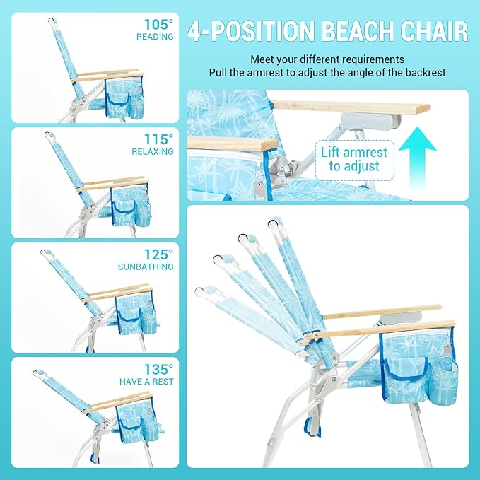 #WEJOY High Back Beach Chair 4 Position Adjustable Heavy Duty Aluminum Folding Backpack Camping Chairs with Wooden Armrest Storage Bag &amp Cup Holders for Outdoor Travel Fishing (Blue White)