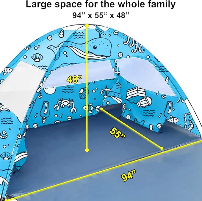 Ocean World 3-4 Person Family and Baby Beach Tent – Cool Beach Essentials for Shade UPF 50+ UV Protection and PU800 Waterproof Portable Pop Up Sun Shade Cabana Shelter for Kids and Toddlers