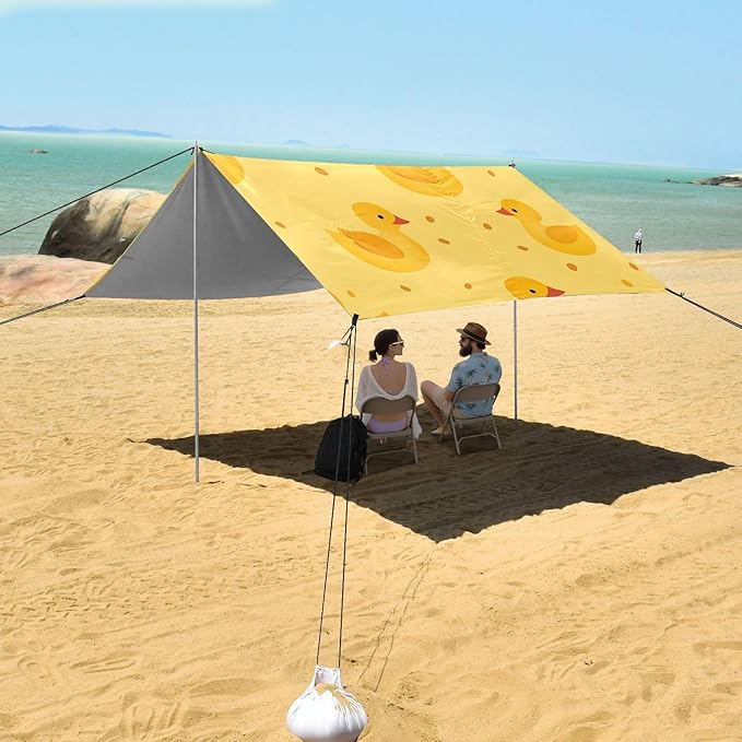 Little Yellow Duck Yellow Background Pattern Camping Sun Shelter Beach Tent Portable Beach Sun Shade Outdoor Canopy for Camping Trips Fishing Picnic