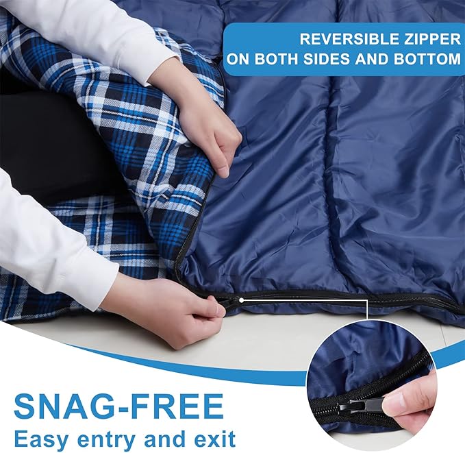 AGEMORE Cotton Flannel Double Sleeping Bag for Camping Backpacking Or Hiking. Queen Size 2 Person Waterproof Sleeping Bag for Adults Or Teens. Lightweight with Compression Sack