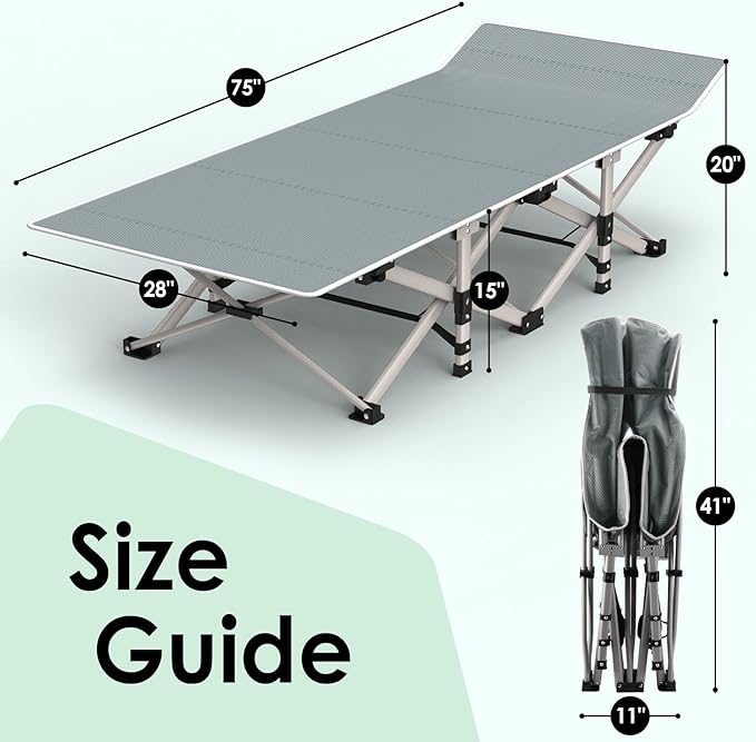 Suteck Camping Cot Folding Camping Cot Bed for Adults Sleeping 1200D Double Layer Oxford Portable Folding Outdoor Cots for Camping W/Soft Pad Carry Bag for Home Office Nap Beach Travel 500LBSGrey