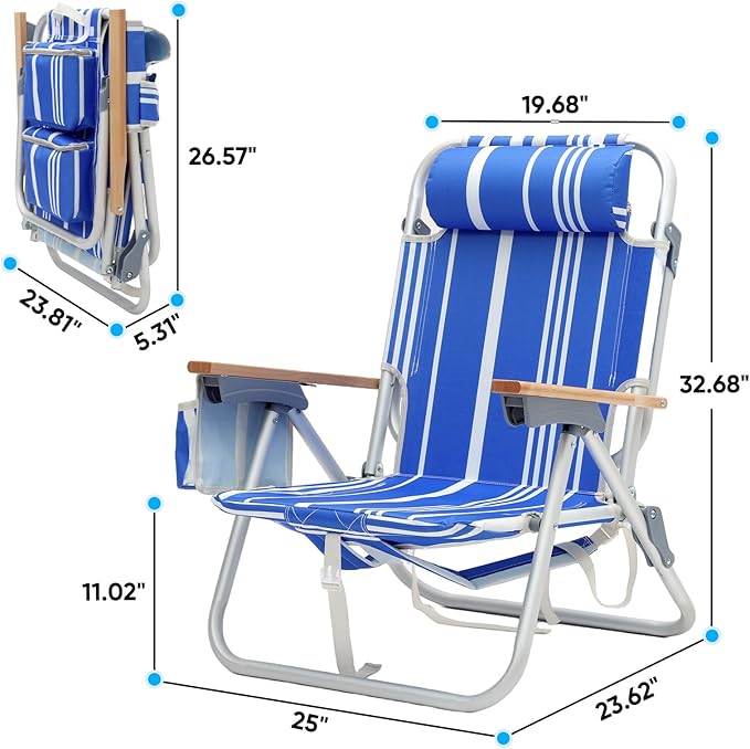 Sekey Aluminum Beach Chair for Adults with 5-Position Classic Lay Flat Lightweight Folding Backpack Beach Chair with 2 Cooler Bag Towel Bar Cup Holder &amp Phone Holder for Outdoor Camping Lawn