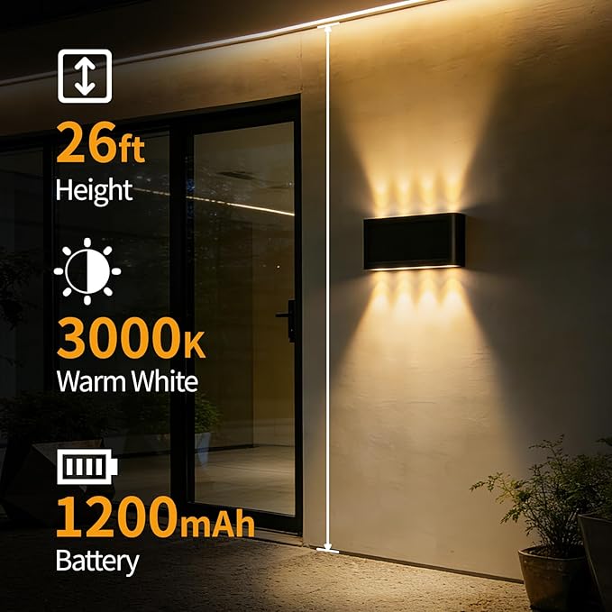 Solar Wall Lights Outdoor 2 Pack Up and Down Solar Wall Sconce 3000K Warm White Dusk to Dawn IP65 Waterproof Exterior Mounted Lights Up to 16H Runtime for Porch Doorway Entryway