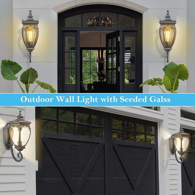 Porch Light Outdoor Wall Lights Exterior Lighting Fixtures 18.7 Inch Waterproof Black Porch Lights Outdoor Wall Sconces Light Fixture with Seeded Glass for Outside Patio Garage