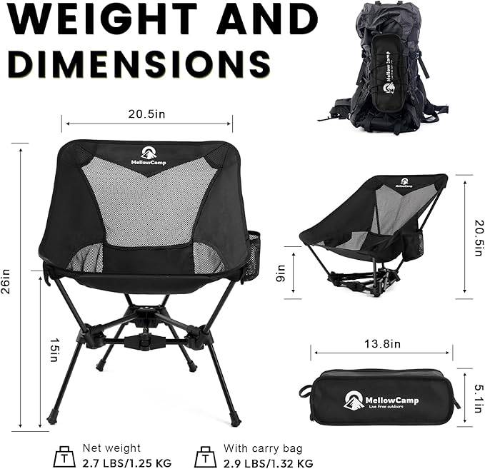 MellowCamp Camping Chair Ultralight Folding Backpacking Hiking Chair Compact Portable for Hiking Camping Backpacking Beach Roadtrip (Dark Night)