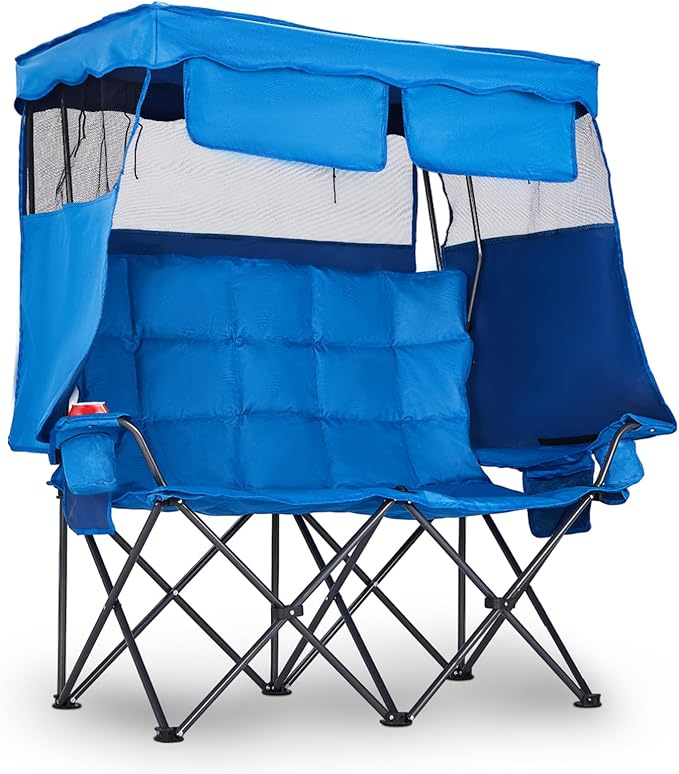 VINGLI Oversize Double Camping Chair with CanopyBeach Chair with Canopy Shade Portable Camping Loveseat with 2 Storage Bags for Outdoor Soccer Sport Events Beach or Camping