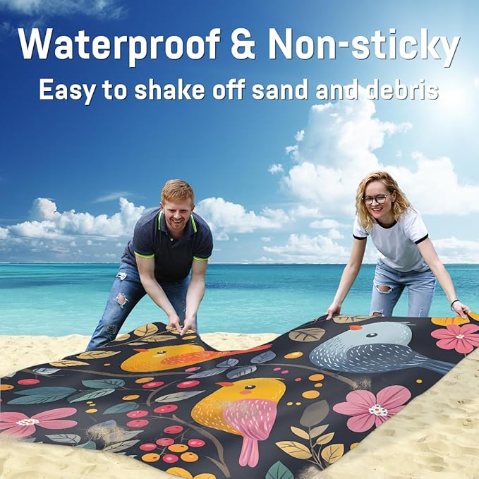 Waterproof Sandproof Beach Blanket 59''×68'' Spring Flowers &amp Birds Polyester Outdoor Picnic Blanket with 4 Stakes &amp Storage Bag for BeachCampingVacation