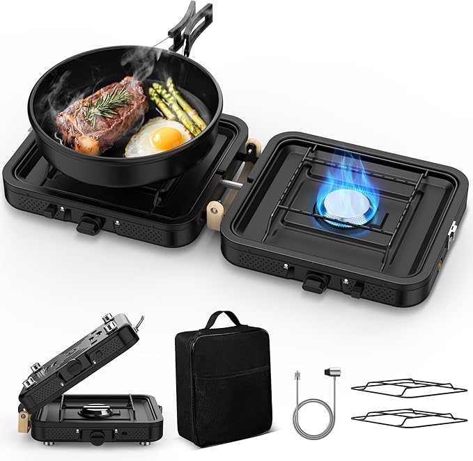 2 Burner Camping Propane Stove Portable Folding Propane Stove with Carrying Bag Adjustable High Heat Burners &amp Piezo Push-Button Instant Ignition Outdoor Tailgating Backyard BBQ Camping Essent