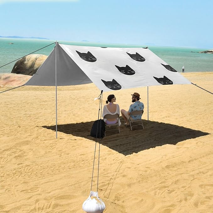 ALAZA Cat Black Kitten Beach Tent Sun Shelter UPF50+ Protection Beach Shade Canopy w/ 4 Sandbags for Outdoor Camping Fishing Backyard Fun Picnic 10x9 ft