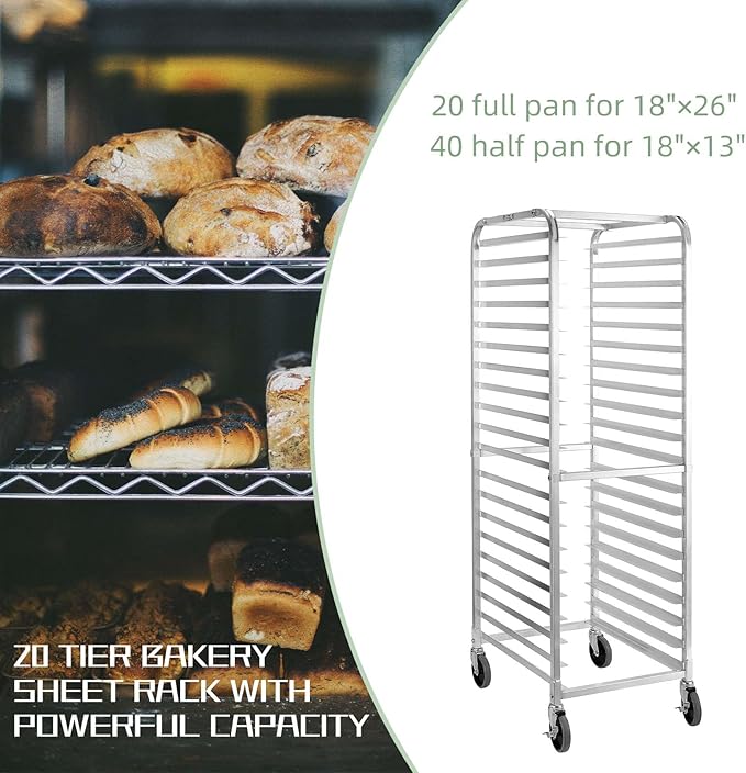 HALLY SINKS &amp TABLES H Bun Pan Rack 20 Tier with Wheels Commercial Bakery Racking of Aluminum for Full &amp Half Sheet - Kitchen Restaurant Cafeteria Pizzeria Hotel and Home 26 L x 20 W x