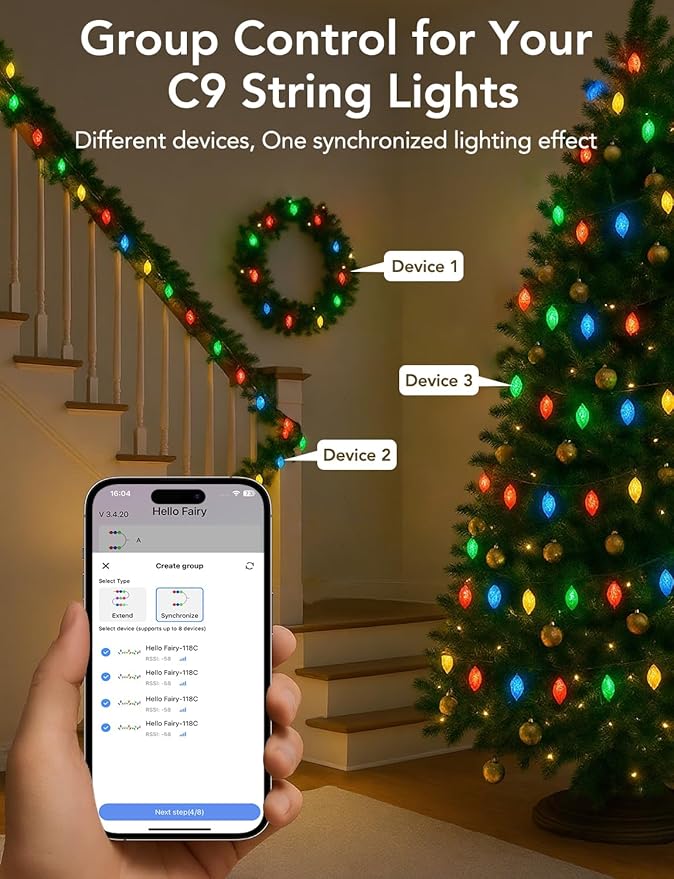 Popotan C-9 LED Christmas Lights Outdoor 33FT 50 LEDs Smart RGB String Lights with App Remote Control 108 Modes Waterproof for Porch Fence Holiday DecorationHalloween Lights