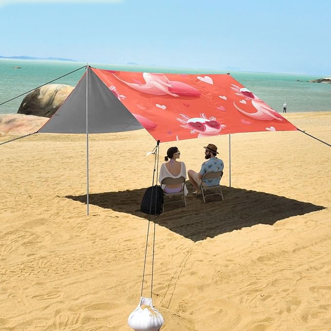 ALAZA Axolotl Salamander Sunglasses Heart Beach Tent Sun Shelter UPF50+ Protection Beach Shade Canopy w/ 4 Sandbags for Outdoor Camping Fishing Backyard Fun Picnic 10x9 ft