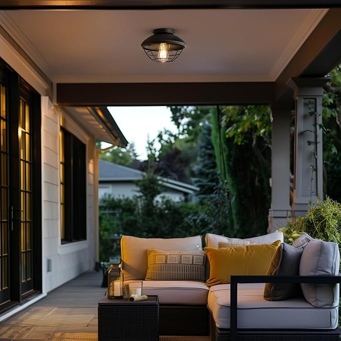 Globe Electric 60000120 1-Light Outdoor Flush Mount Ceiling Light Matte Black Finish Metal Cage Shade Weather Resistant Industrial Outdoor Ceiling Light E26 Base