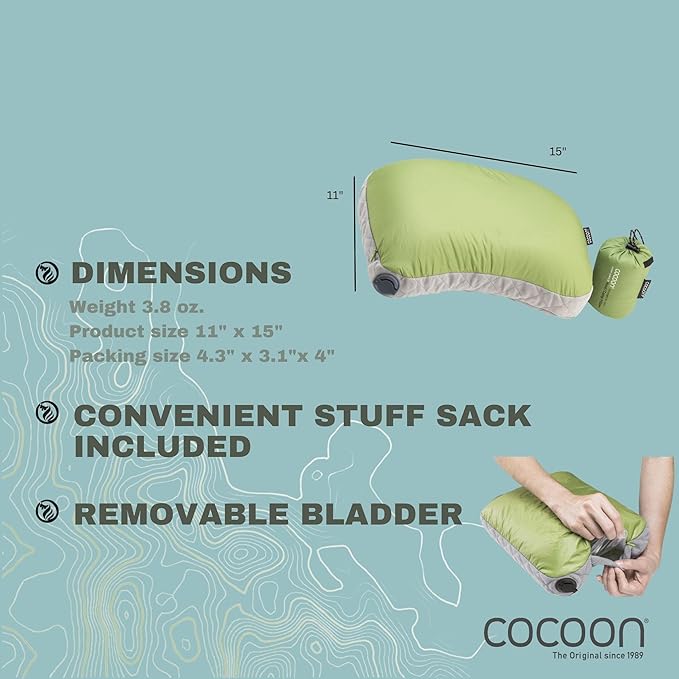 COCOON- Premium - Ultralight Inflatable AirCore Shaped Pillow - Washable Travel Air Pillows for Camping Hiking Backpacking (Regular 11 x 15)