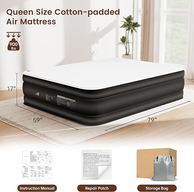 Queen Air Mattress with Built-in Pump 17 Raised Queen Blow Up Mattress Soft Milk Fiber &amp Foam Topper Air Bed Portable for Home &amp Guests Colchones Inflables Queen 900 Lbs