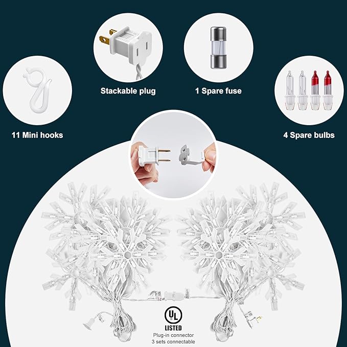 Snowflake Christmas String Lights with 9 Drops - 13ft 150 Mini Bulb Icicle Lights with Hooks Plug-in Connectable Hanging Lights for Christmas Home Indoor Outdoor Party Wedding Holiday Décor 2 Pack