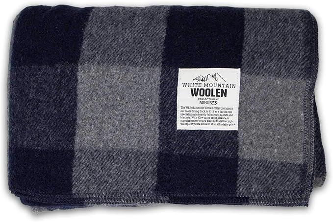 Camp Throw Blanket - 80% Recycled Wool - Buffalo Plaid - Warm Throw Blanket - Thick - Washable - 62W x 80L - Gray and Blue Plaid