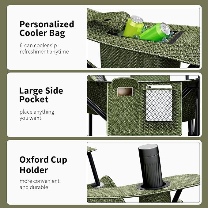 Heavy Duty Folding Chair 500LB Capacity Oversized Camping Chairs with Cup Holder Cooler Bag &amp Storage Pouch Double-Layer Fabric Outdoor Chairs for Sports Lawn Chairs (2 Black Green Oversize
