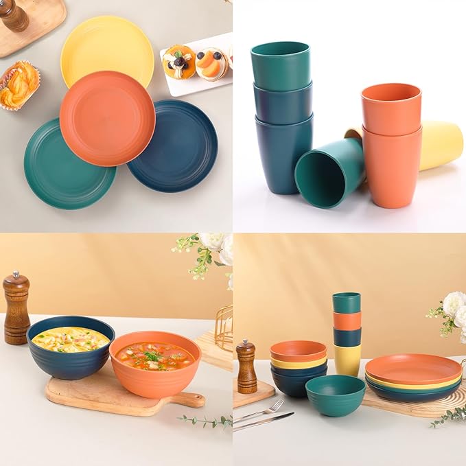 Wheat Straw Dinnerware Sets Unbreakable Plates and Bowls Sets for 8 Reusable Plastic Plates and Bowls 32Pcs Dishwasher Microwave Safe Plastic Dishes Kitchen RV Camping Outdoor