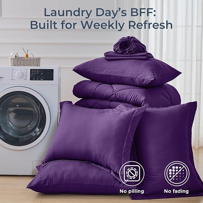 HEVUMYI Purple King Comforter Set - 7-Piece All Season Bed in a Bag King Ultra Soft Bedding Set with Comforter Flat Sheet Fitted Sheet Pillowcases Pillow Shams