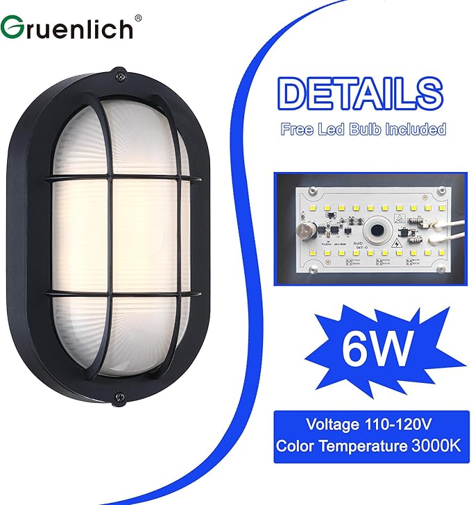 GRUENLICH 8.5'' Oval Outdoor Wall Lights Dimmable LED Bulkhead Light Sauna &amp Exterior Lighting ETL Rated 6W 600 Lumen 3000K Warm White Black Cast Aluminum Wall/Ceiling Mount 2-Pack