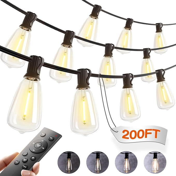 addlon 200FT(50FT*4) Outdoor String Lights with RemoteWaterproof Patio Lights ETL Listed with Shatterproof Dimmable ST38 LED Bulbs Connectable Outdoor Lighting for Backyard Bistro Garden Bistro