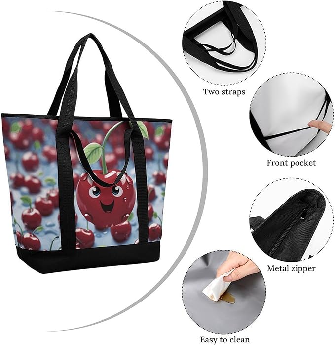 Insulated Shopping BagLarge Reusable Cooler Bags Cartoon Cherry Printed Foldable Shopping BagTravel Waterproof Shoulder Bag