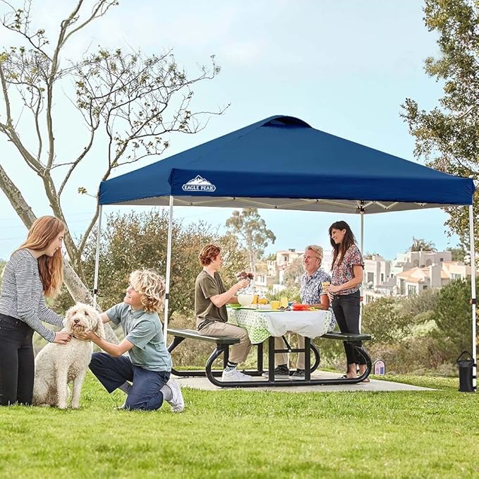 EAGLE PEAK Pop Up Canopy Tent with Wheeled Carry Bag 8 Stakes 4 Ropes 4 Weight Bags Easy Set Up Tent Canopy 10x10 ft 100sqft of Shade Dark Blue