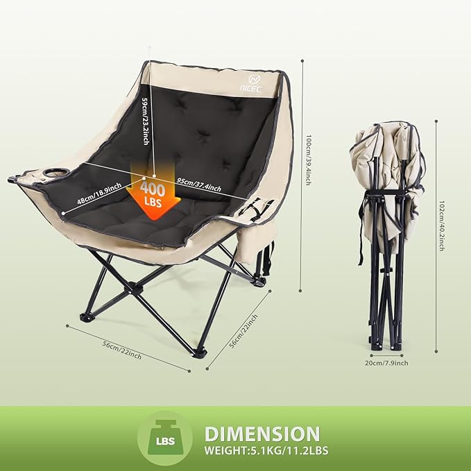 Nice C Padded Camping Chair Oversized Camping Chairs Oversized Thick Padded Folding Chairs Outdoor Sports Chair Heavy Duty with Cooler Bag Cup Holder Side Pockets (2 Pack)