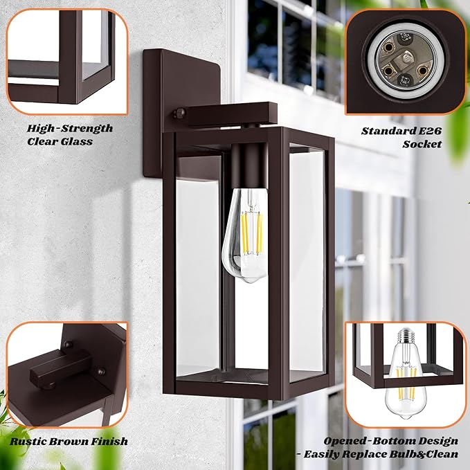 Brightever 2-Pack Outdoor Wall Light Fixtures Brown Waterproof Anti-Rust Exterior Wall Sconce Lantern with Clear Glass Modern Outside Front Porch Lights for House Garage Doorway Bulbs Not Included