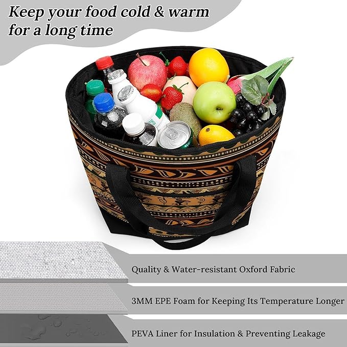 Insulated Shopping BagLarge Reusable Cooler Bags Bohemia Style Traditional African Pattern Printed Foldable Shopping BagTravel Waterproof Shoulder Bag