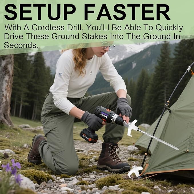 12 Pack 8 Inch Screw in Tent Stakes Heavy Duty Ground Anchors Screw in with Grow in The Dark Heads Camping Stakes Metal Threaded Tent Spikes with Hex Head Driver &amp Storage Box