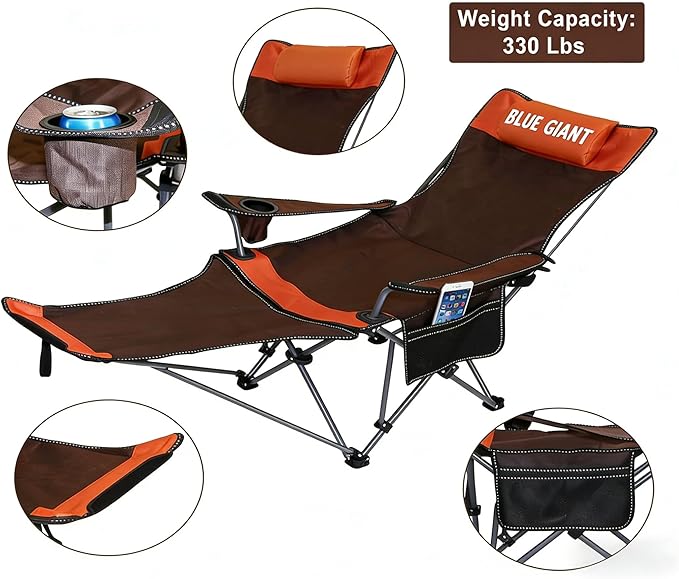 2 Pack Adjustable Folding Camping Chairs with Detachable Footrest and Headrest Lightweight and Portable Ideal for Hiking Travel Fishing and Outdoor Activities (Orange)