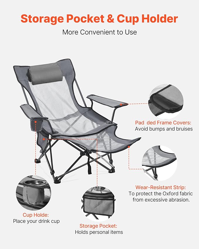 VEVOR Reclining Camping Chair 4 Adjustable Positions Portable Folding Lounger for Adults Mesh Beach Chair with Headrest &amp Foot Rest Supports 220 lbs Heavy Duty Camp Chairs for Patio Gray