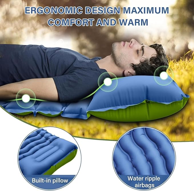 Camping Sleeping Pad Ultralight Inflatable Sleeping Mat with Built-in Foot Pump &amp Pillow Compact Air Mattress for Camping Backpacking Hiking Tent - Blue
