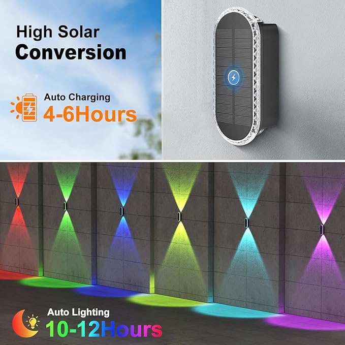Ellasay Solar Fence Lights Backyark: 6-Pack Fence Lights Solar Powered 8 WRGB Color Modes - Up &amp Down Waterproof Solar Wall Lights for Outdoor/Yard/Poolside/Porch/Patio/Railing