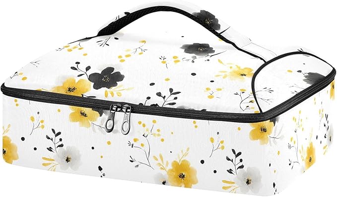 Casserole Carrier Black and Yellow Flowers PaternInsulated Casserole Carrier for Hot or Cold Food Thermal Lunch Tote for Potluck Parties Picnic Beach Fits 9 x 13 Inches Baking Dish