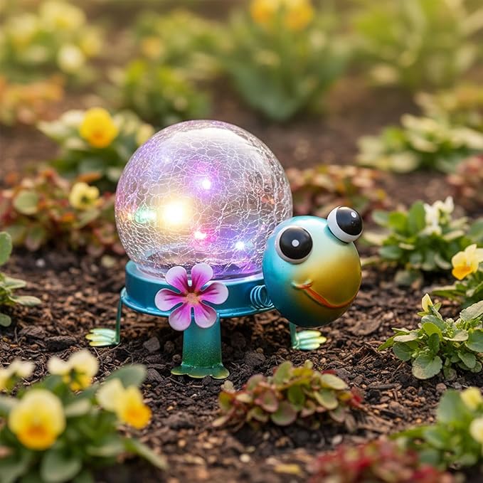 Solar Lights Outdoor Turtle Garden Decor with Crackle Glass Globe Lights - Cute Metal Turtle Statue for Yard Lawn Patio Porch Pathway Tabletop Housewarming Gifts for Mom Women