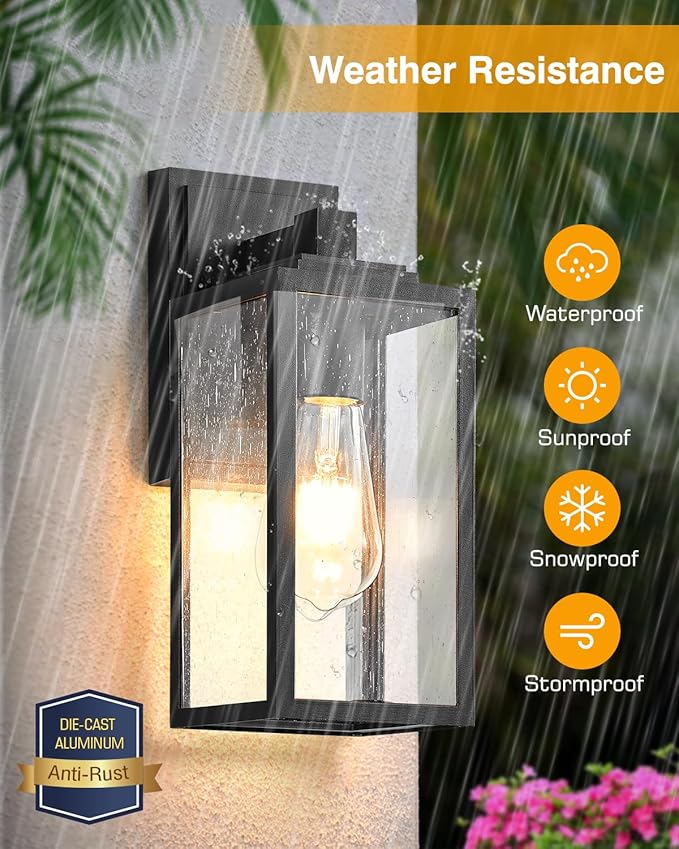 VIANIS 2 Pack Outdoor Wall Lights Exterior Lights for House Lantern Matte Black Waterproof Anti-Rust Outdoor Lights for Porch Garden Doorway Seed Tempered Glass