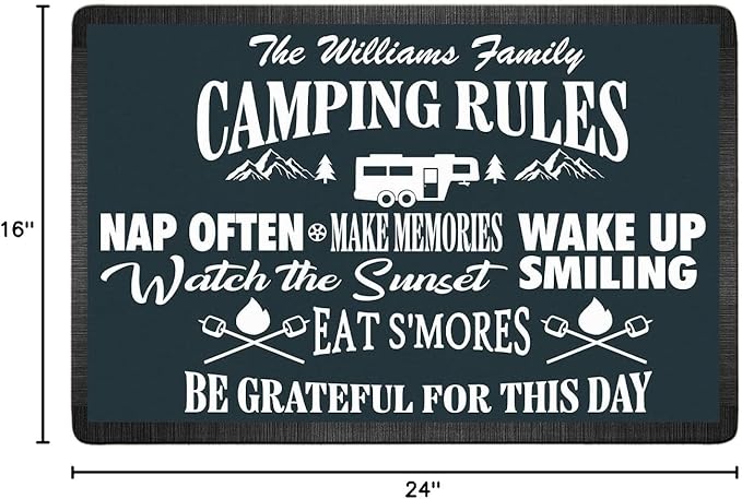 Personalized Camping Rules Welcome Doormat - Custom Family Name and RV Door Mat Accessories for Inside Outside Funny Campsite Decorations for Travel Trailers Style 01