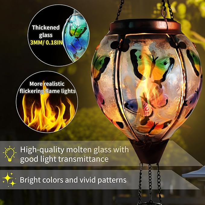 Glass Solar Hot Air Balloon Lantern with Flame Hanging Garden Flickering Light Outdoor Waterproof for Yard Patio Tree Mother's Day Gift Butterfly