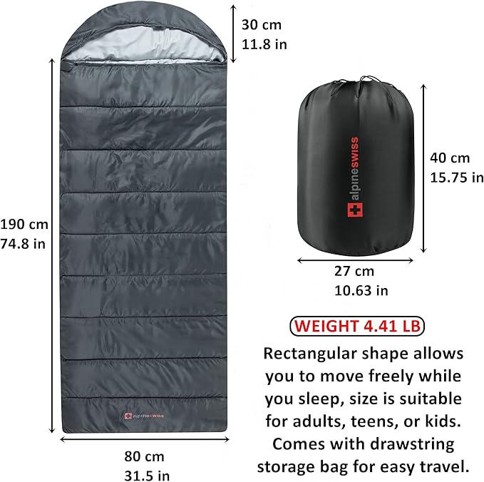 Alpine Swiss 0°C (32°F) Sleeping Bag Lightweight Waterproof with Compression Sack Adults All Seasons Camping Hiking Backpacking Travel Outdoor Indoor
