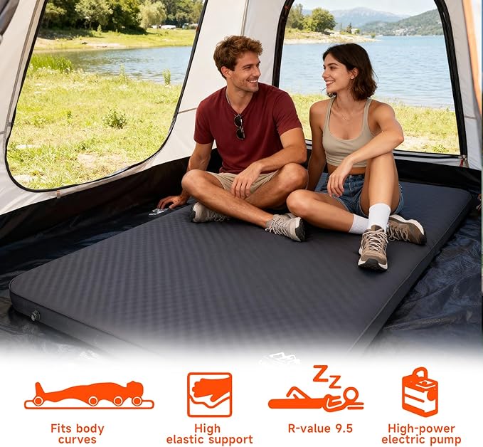 Self Inflating Sleeping PadDouble Camping Mattress w/Detachable Electric Pump4 - Inch Thick Memory Foam for Ultimate Comfort Suitable for FamilyOutdoorRoad Trip4 - Season UseGray