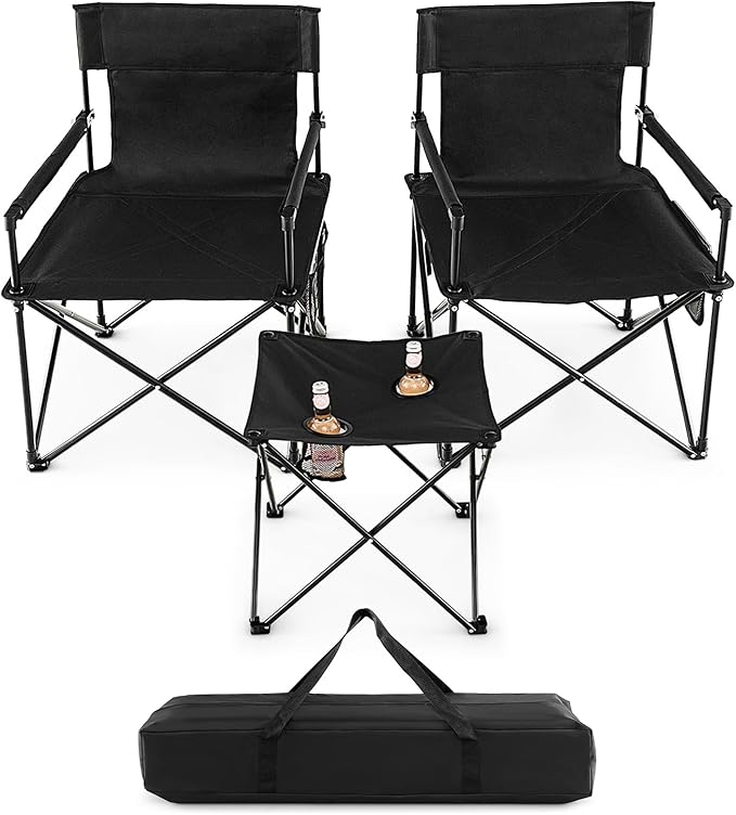 Giantex Camping Chair and Table Set - 3 Pack Folding Beach Chair with Side Table 2 Cup Holders Storage Pockets Carrying Bag 400 lbs Capacity Hammock Camping Chair for Fishing Hiking Picnic BBQ